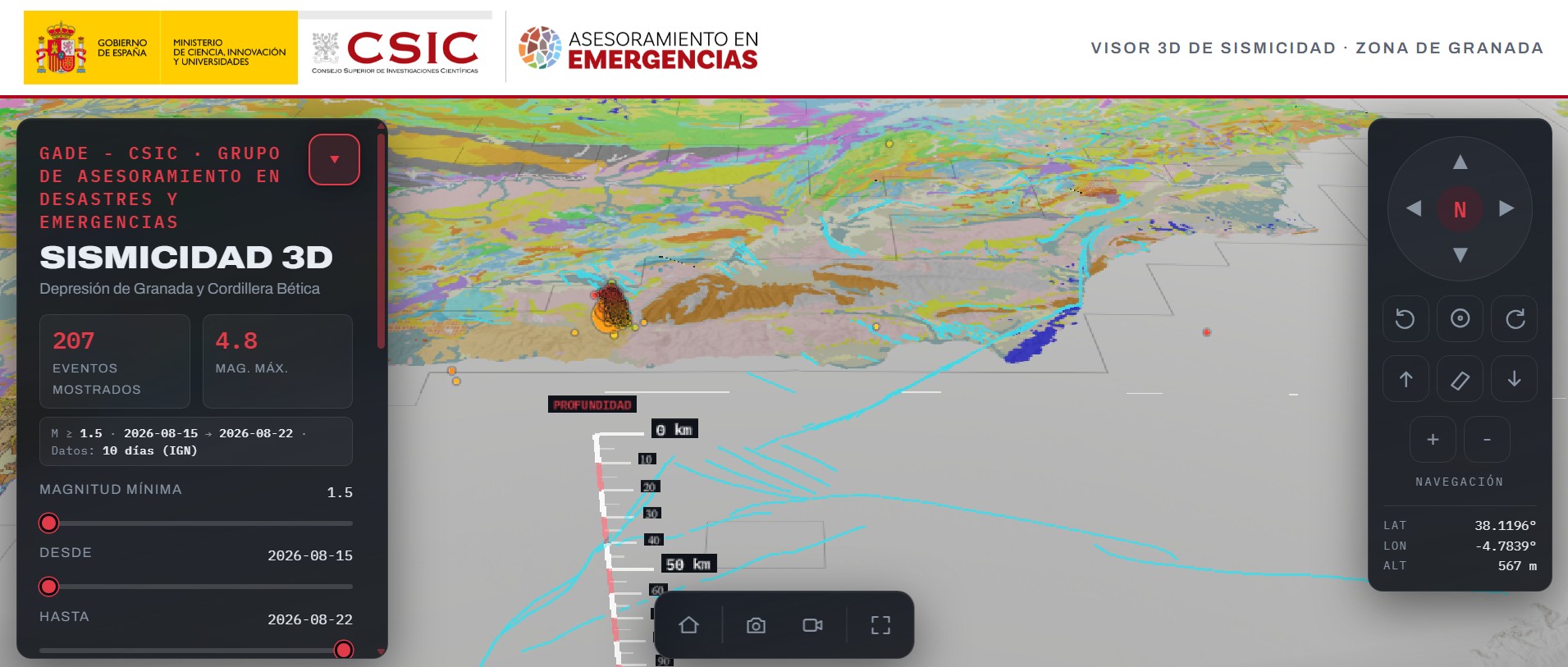 El CSIC crea un visor para seguir en tiempo real la serie sísmica de Granada